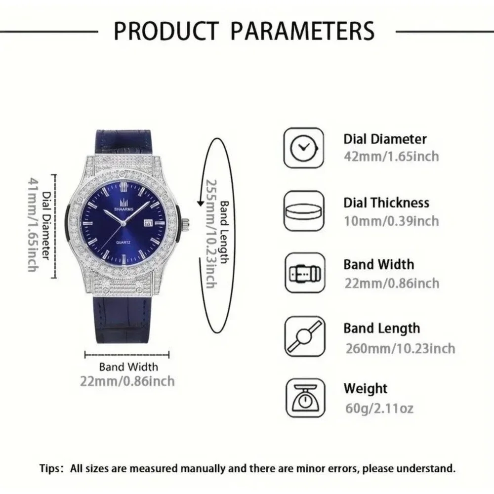 Shaarms Mens Quartz Watch Blue Dial Crystal Bezel Leather Strap Date‎ New